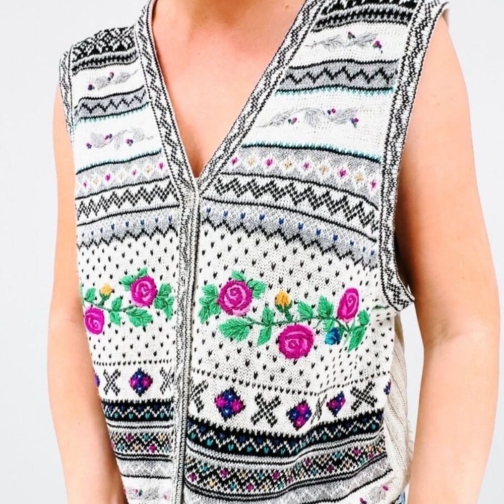 Casual Corner Vintage Floral Fair Isle Sweater Vest XL Ramie CottonKnit PinkRose - Picture 2 of 7